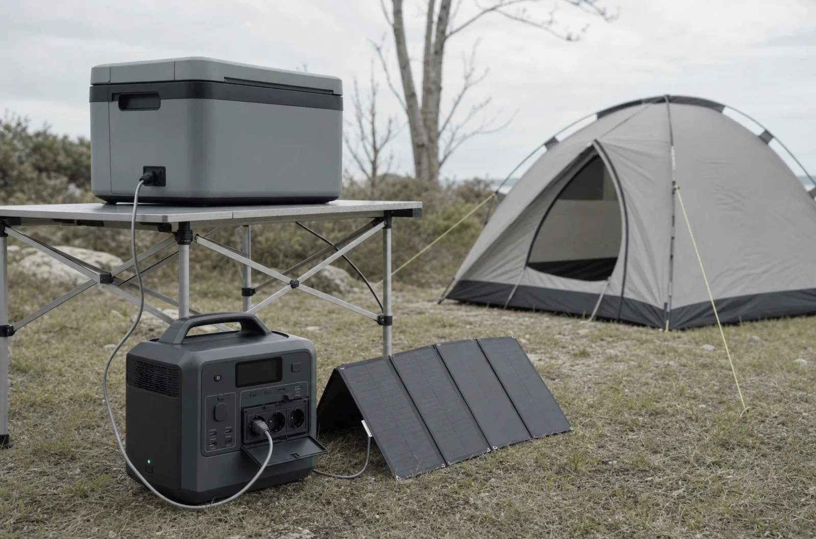 Mesa de camping con una nevera portátil enchufada a una estación de energía, panel solar plegable en el suelo y una tienda de campaña al fondo, con luz de día nublado