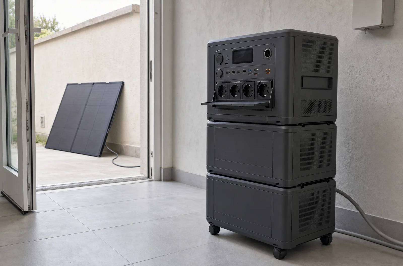 Estación de energía grande sobre ruedas con dos módulos de batería apilados debajo, en una galería, con un panel solar apoyado fuera al otro lado de la puerta abierta