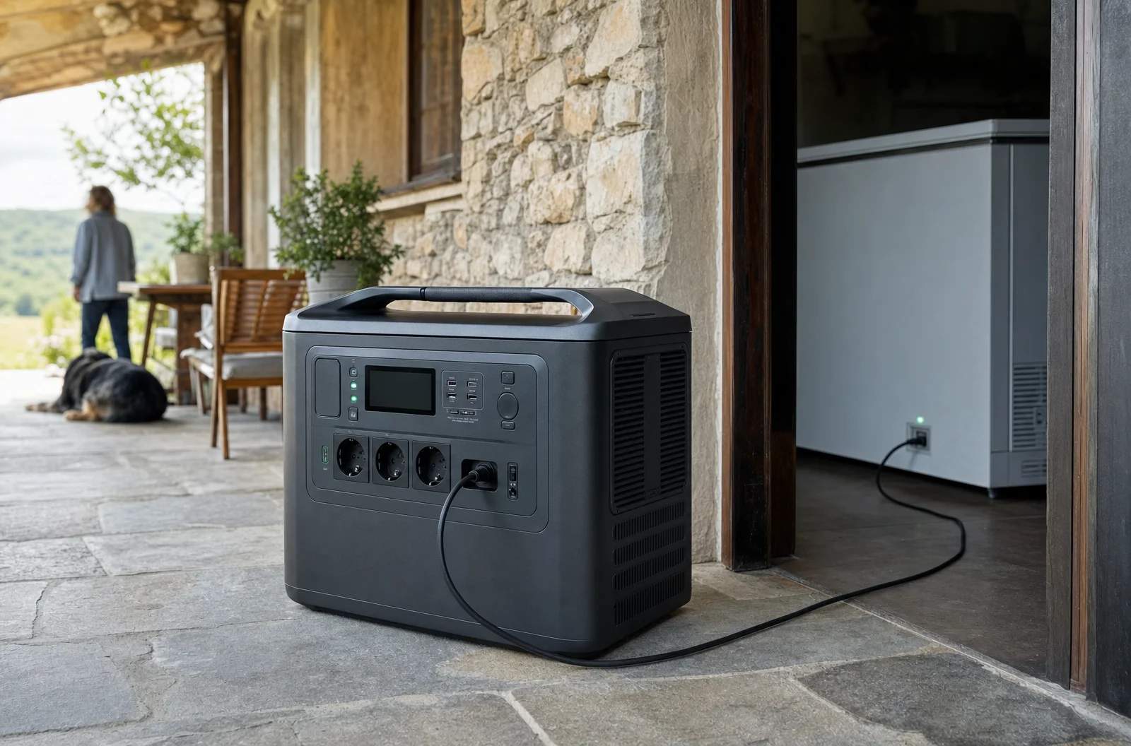 Estación de energía anónima en el porche de una casa rural, alimentando un congelador junto a la puerta