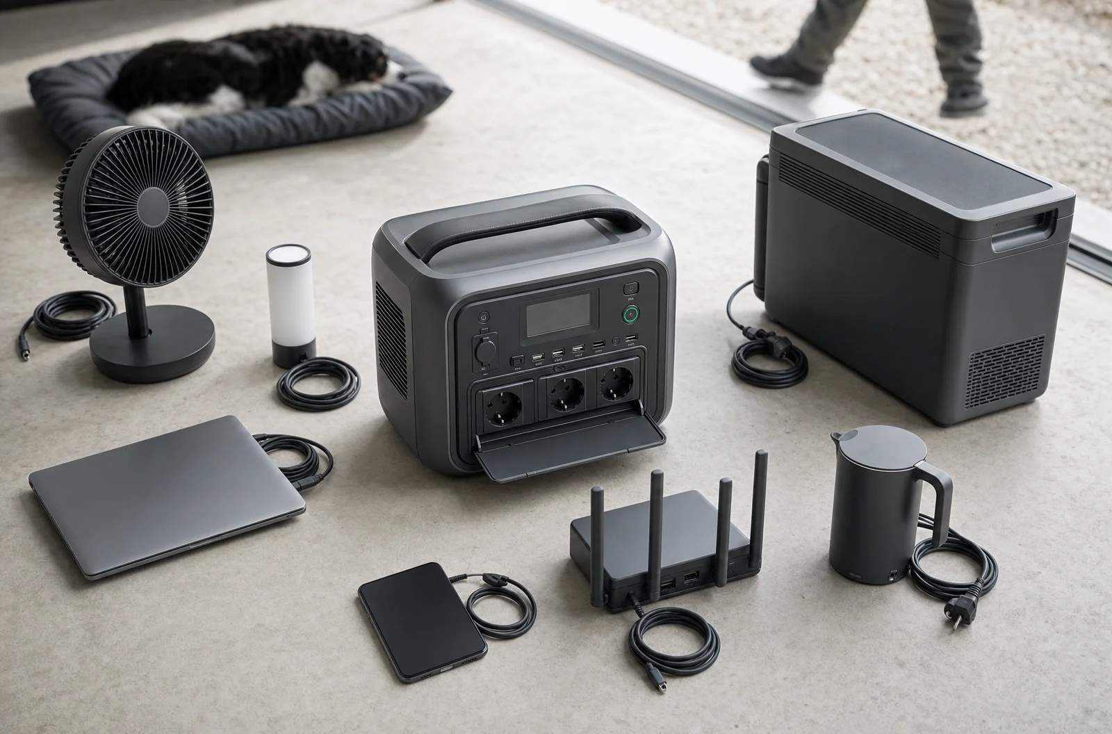 Estación de energía portátil anónima y sin marcas alimentando a la vez un ventilador, un portátil, un router, una lámpara y una nevera de camping sobre una superficie de hormigón claro