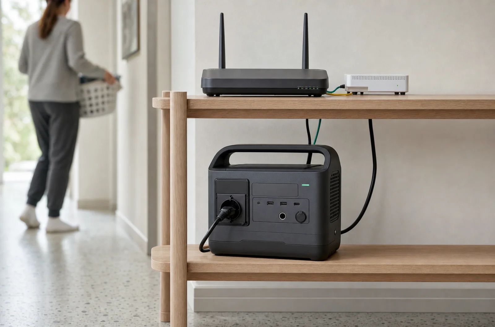 Estación de energía compacta y anónima en la balda de un recibidor, alimentando el router y el equipo de fibra de una casa