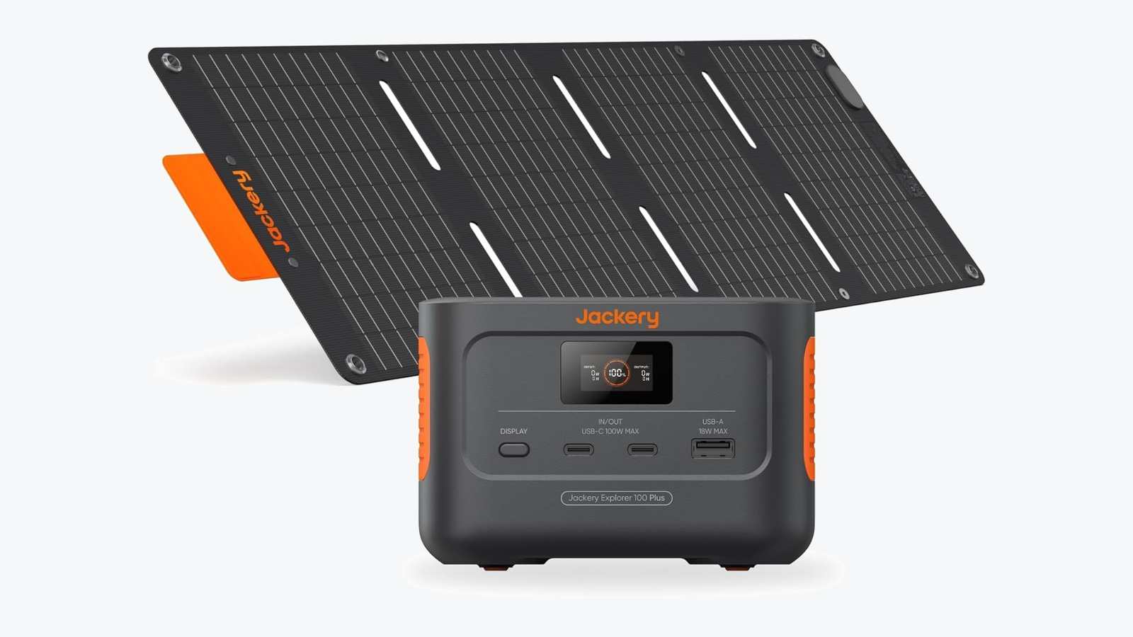 Jackery Explorer 100 Plus de 99 Wh junto al panel solar plegable de 40 W con el que se vende